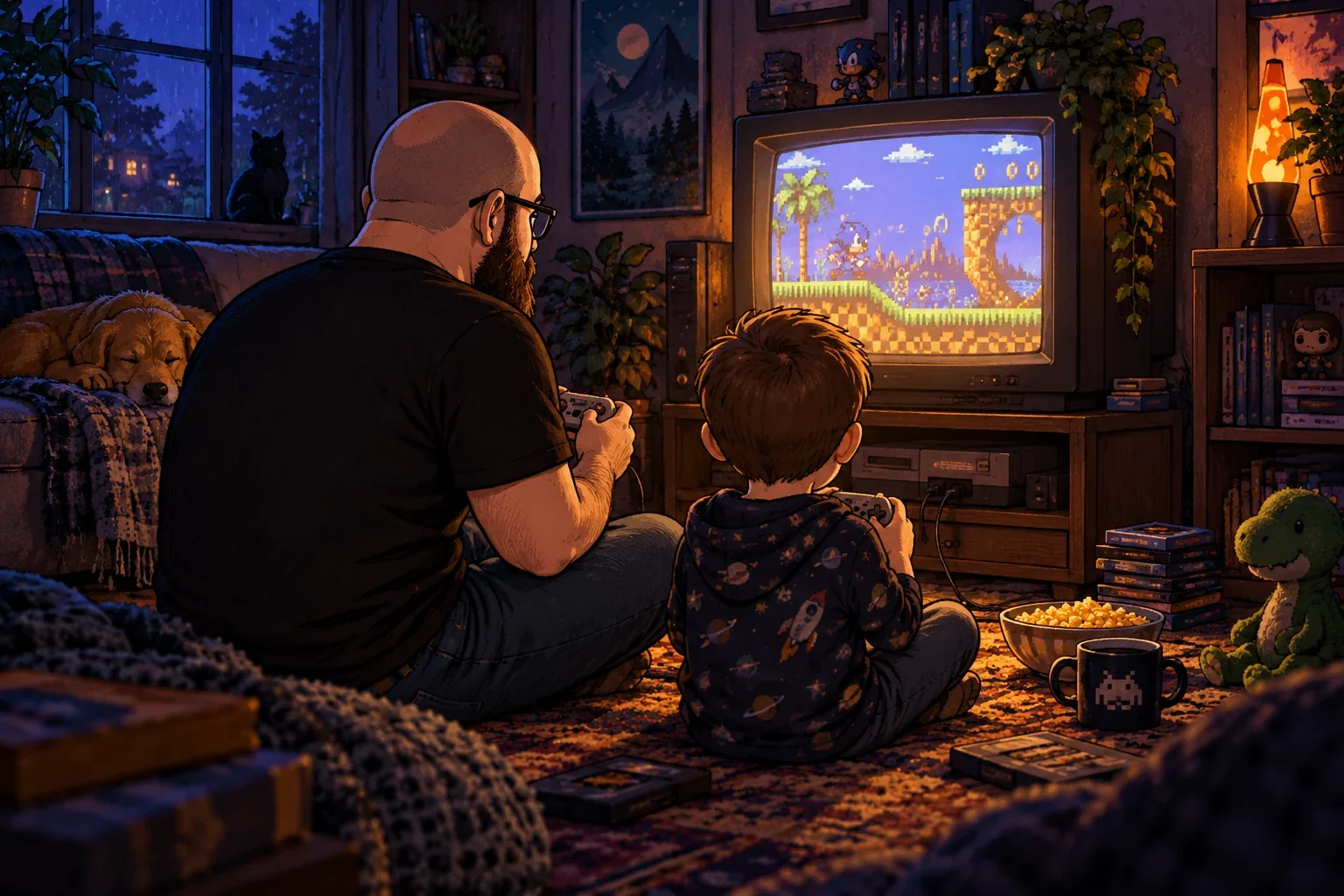 Justin and his son share a retro game.