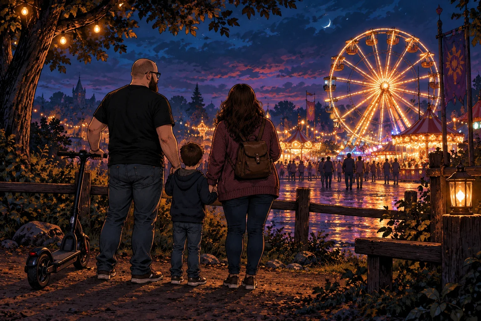A family looks toward a Ferris wheel; the scene represents the wish to participate.