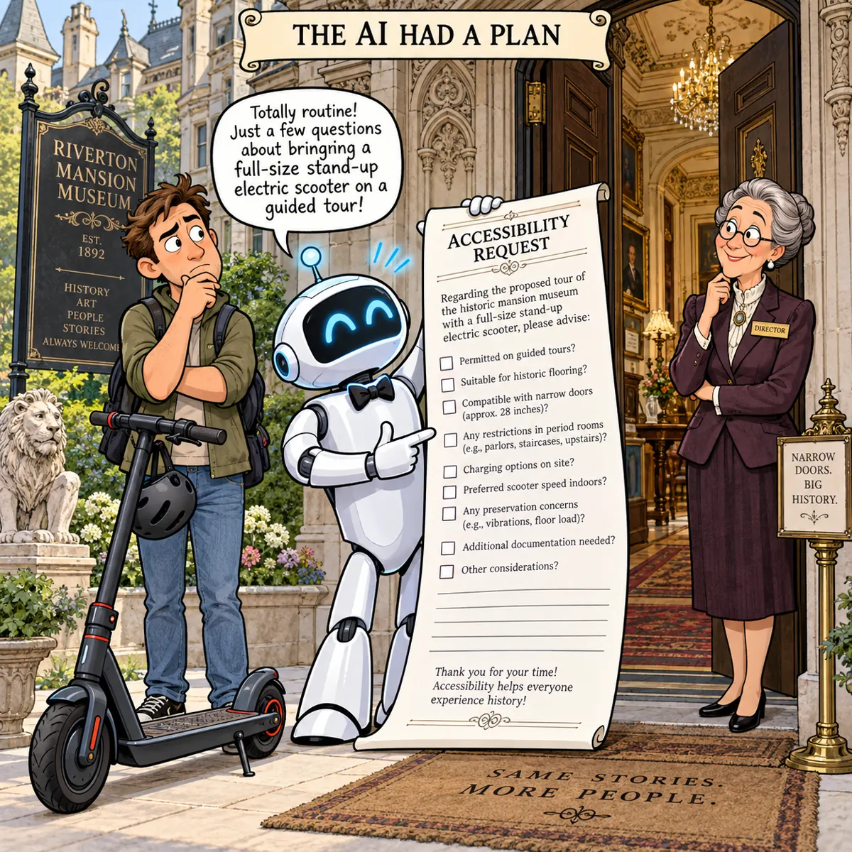 A confident AI robot presents an enormous accessibility request for an electric scooter outside a historic mansion museum.