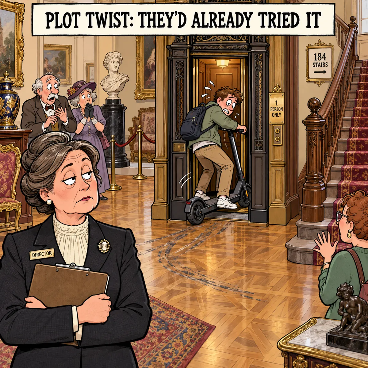 A scooter is awkwardly wedged into a one-person antique elevator while a weary museum director watches inside a mansion with 184 stairs.