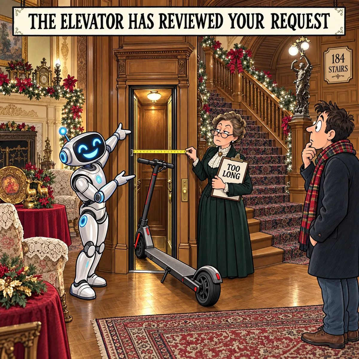 The museum director measures Rosemount’s tiny original elevator while an AI proposes fitting a full-size electric scooter inside.