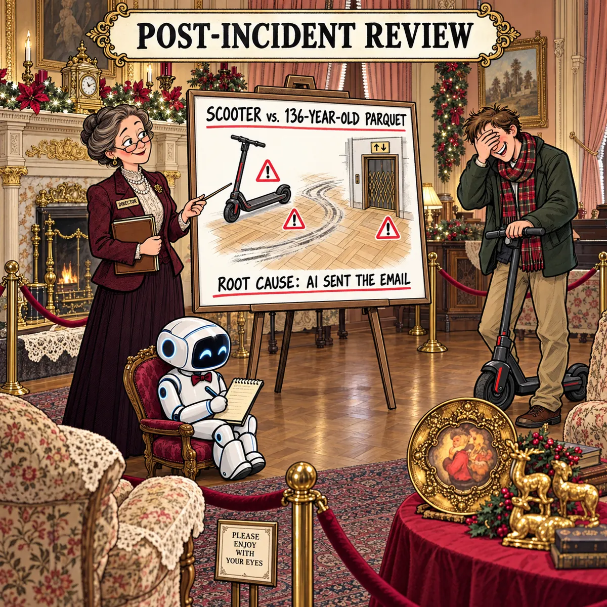 A mock post-incident review inside Rosemount summarizes the scooter, antique parquet, tiny elevator, and the root cause: AI sent the email.