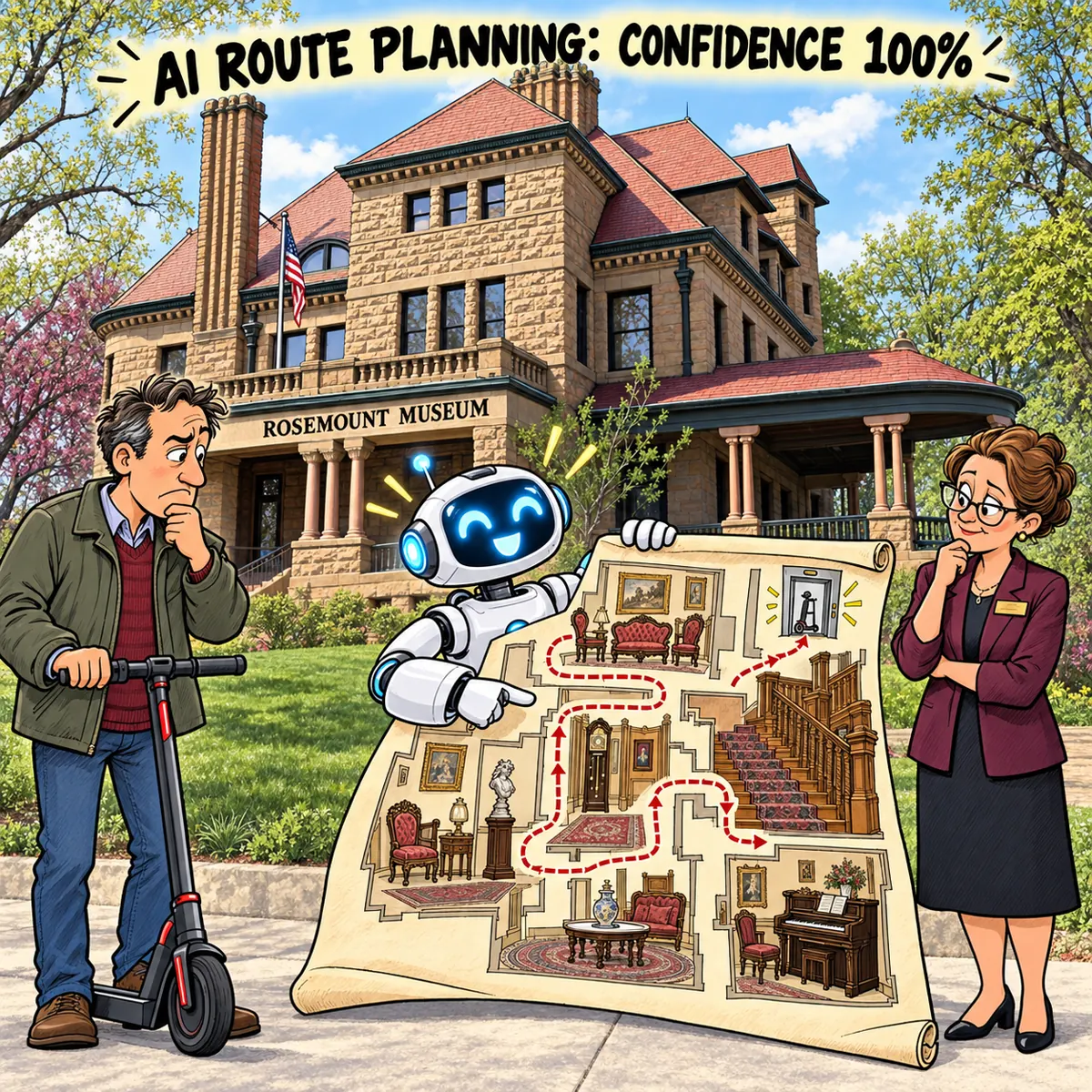 A cheerful AI presents an elaborate indoor scooter route map outside the recognizable pink-stone Rosemount Museum while the visitor and museum director remain skeptical.