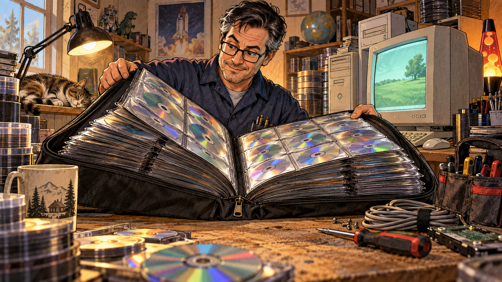 An IT technician carrying a huge binder of CDs and tools into an early-2000s service call