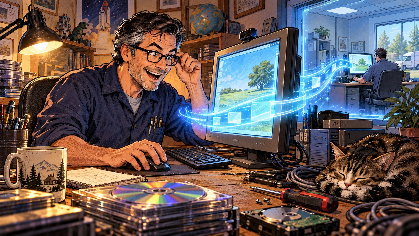 An IT technician realizing he can repair a distant computer through remote access