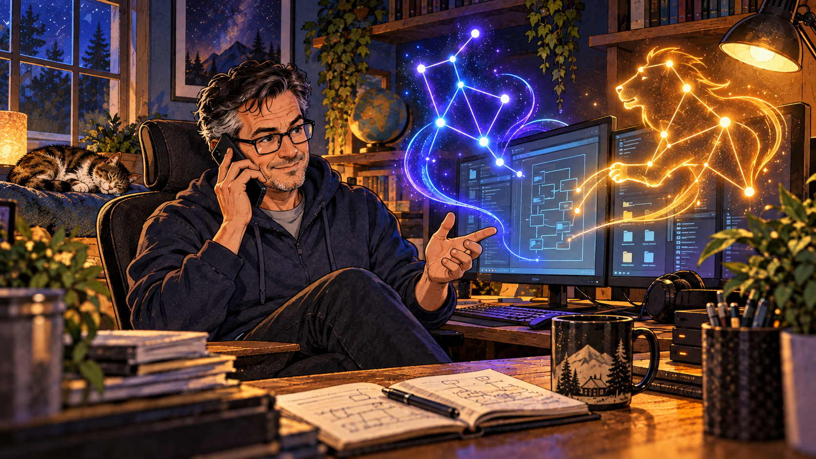 An experienced IT technician working with two AI assistants named Orion and Leo
