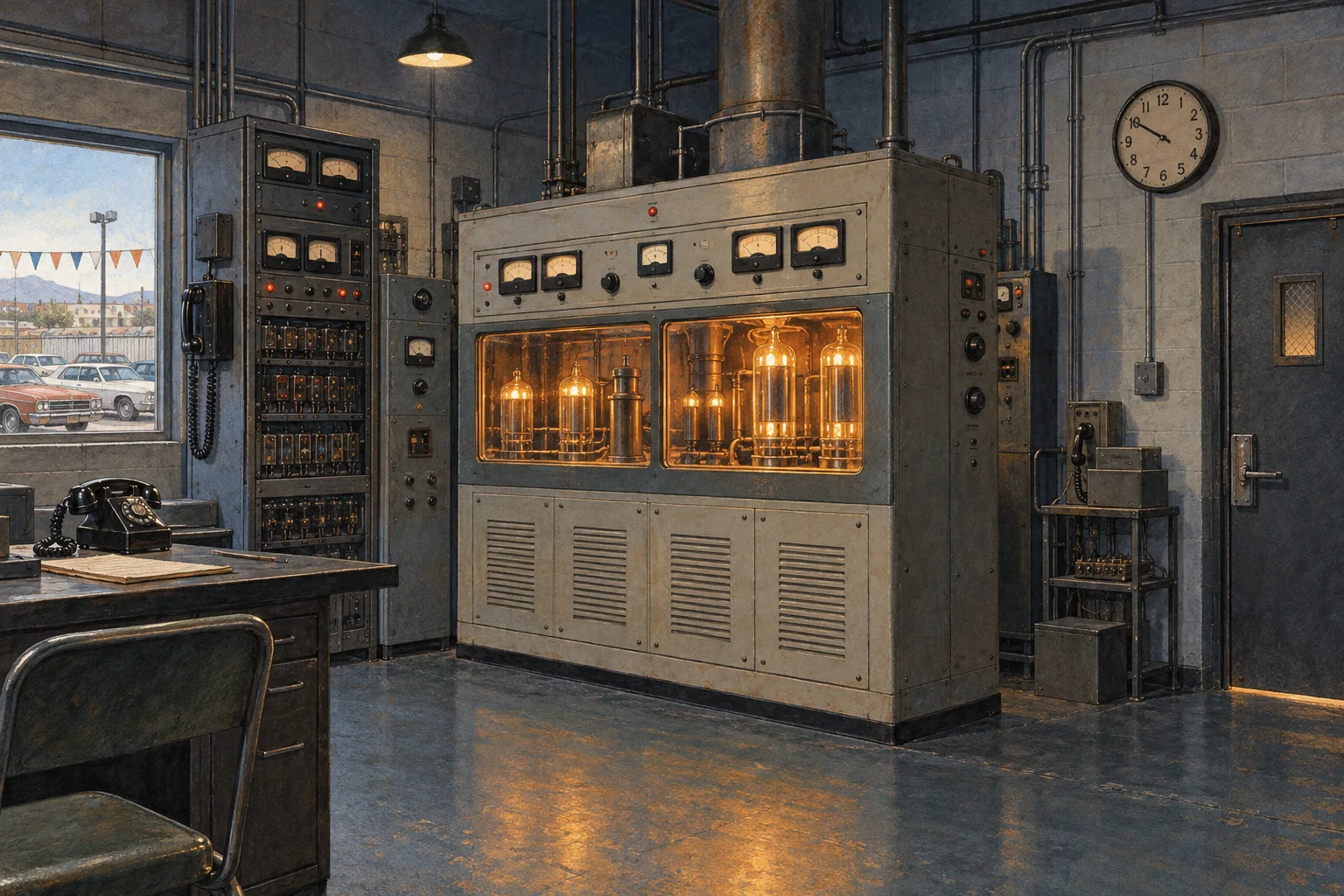 Editorial reconstruction of a late-twentieth-century AM transmitter room with glowing vacuum tubes.
