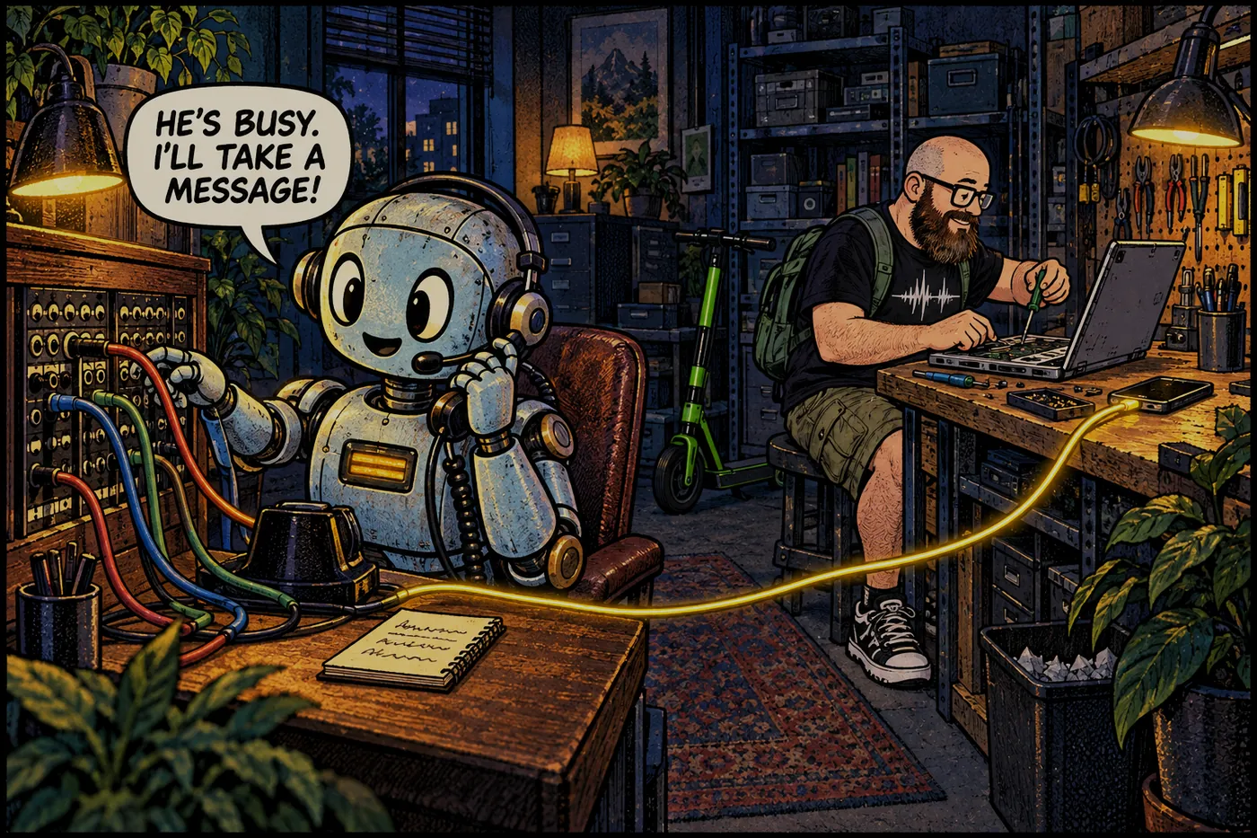 Comic: a friendly robot receptionist in a headset works a switchboard while the host repairs a laptop in the background, and one gold cable runs past the robot straight to the host's phone. The robot says HE'S BUSY. I'LL TAKE A MESSAGE!