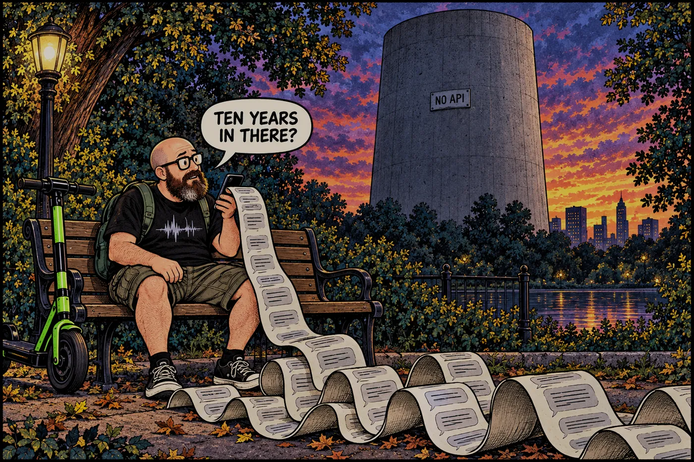 Comic: the host sits on a park bench at dusk while a long scroll of text bubbles spills out of his phone, with a giant doorless gray tower labeled NO API behind him. He says TEN YEARS IN THERE?