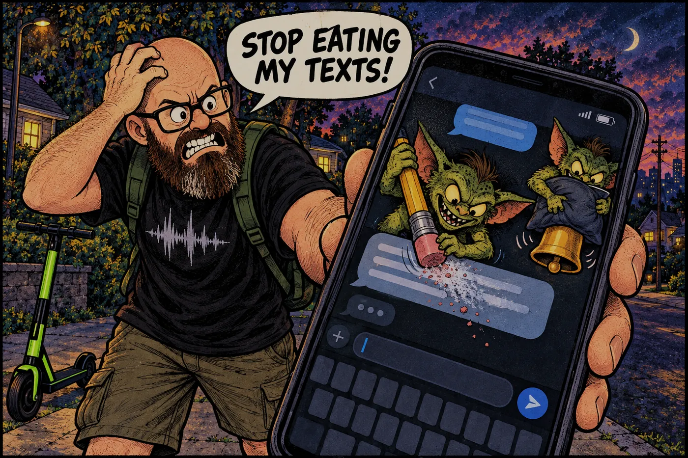 Comic: the host glares at his phone while a gremlin inside the screen rubs out his half-typed text with a giant eraser and another smothers a notification bell with a pillow. He yells STOP EATING MY TEXTS!