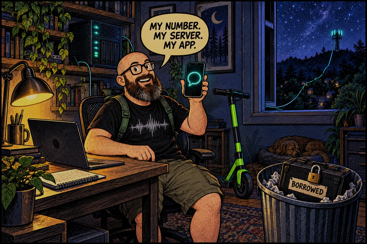 Comic illustration: the bald, bearded ErrorZap host at a dark desk holds up a phone showing a glowing chat bubble, a small homemade server blinks on the shelf behind him, a padlocked box labeled BORROWED sits in the trash, and he says MY NUMBER. MY SERVER. MY APP.