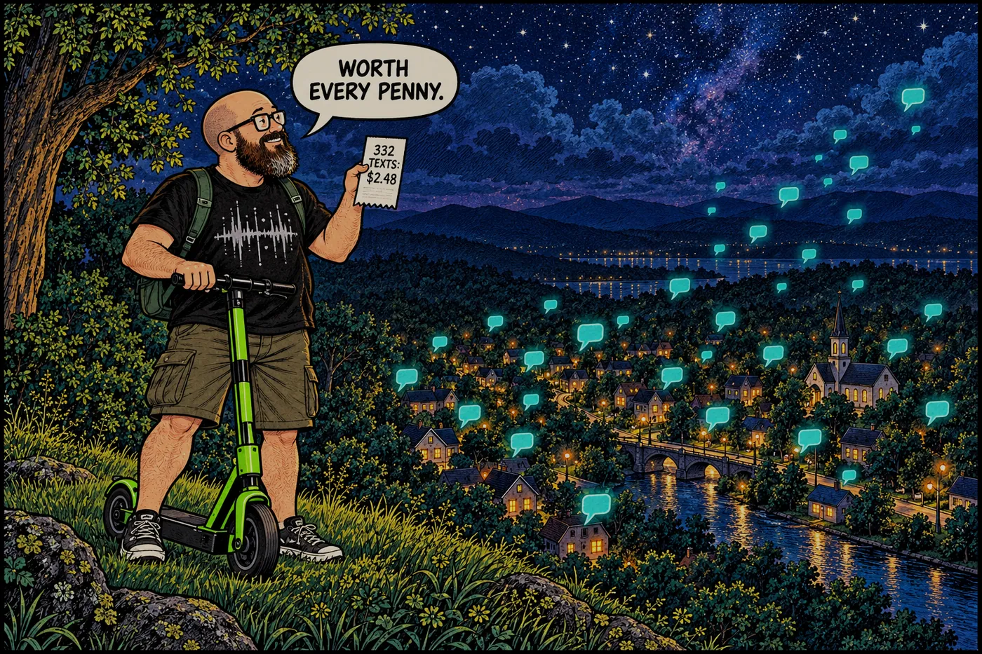 Comic: the host stands on a hill at night beside his lime-green scooter, looking down at a small town where teal text bubbles float up like lanterns, holding a receipt that reads 332 TEXTS: $2.48. He says WORTH EVERY PENNY.