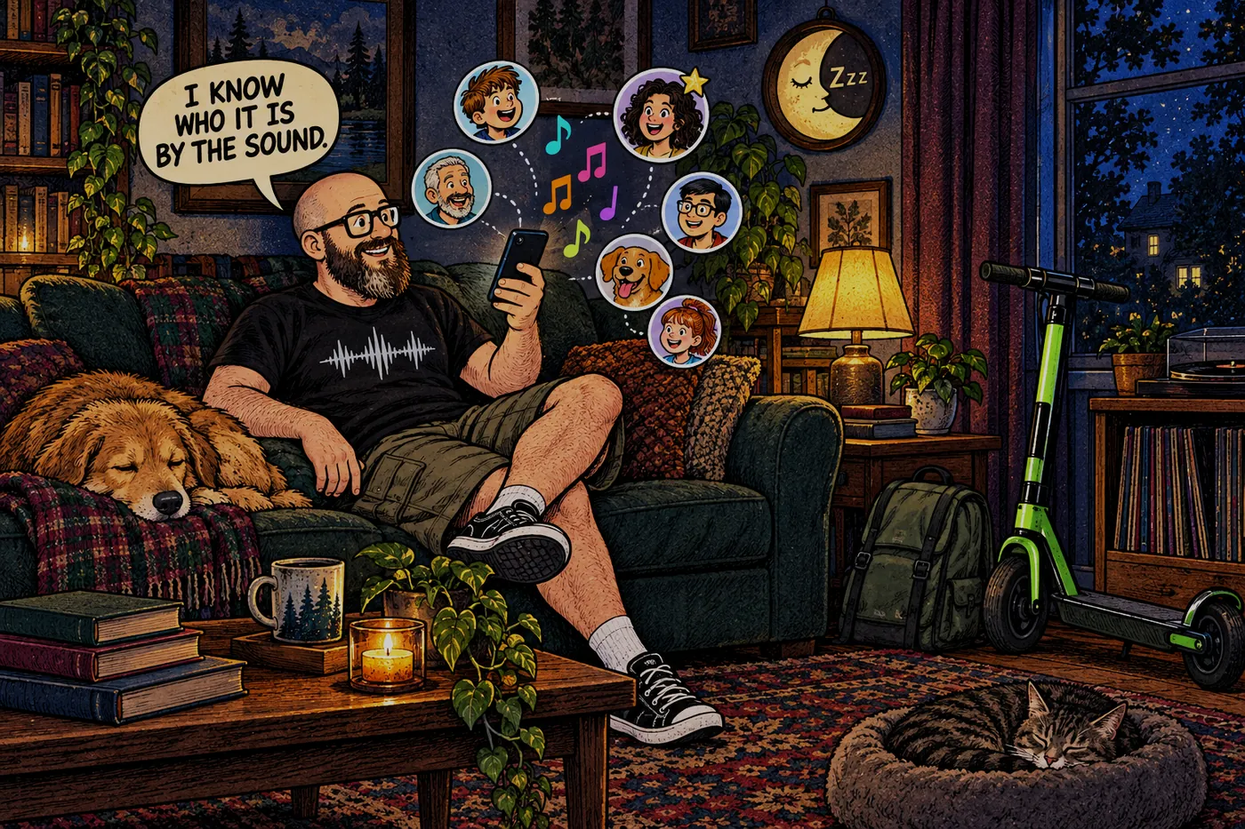 Comic: the host on a couch at night holds his phone as different-colored musical notes float out of it and contact bubbles orbit him, one with a gold star. He says I KNOW WHO IT IS BY THE SOUND.