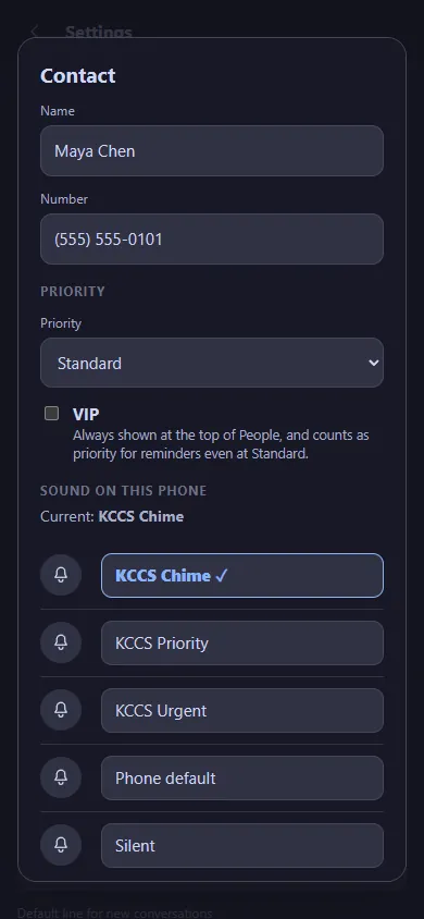 Contact settings in the KCCS Text app showing priority, a VIP checkbox and a list of sounds: KCCS Chime, KCCS Priority, KCCS Urgent, phone default, silent.