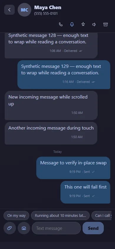A conversation in the KCCS Text app with a made-up contact, chat bubbles with sent and delivered marks, and quick-reply buttons like On my way above the text box.
