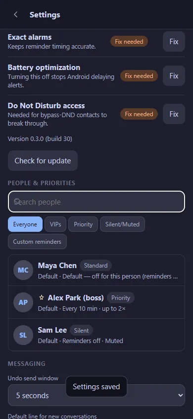 Settings screen showing Fix needed buttons for exact alarms, battery optimization and Do Not Disturb access, then a People and priorities list with Standard, Priority and Silent contacts.