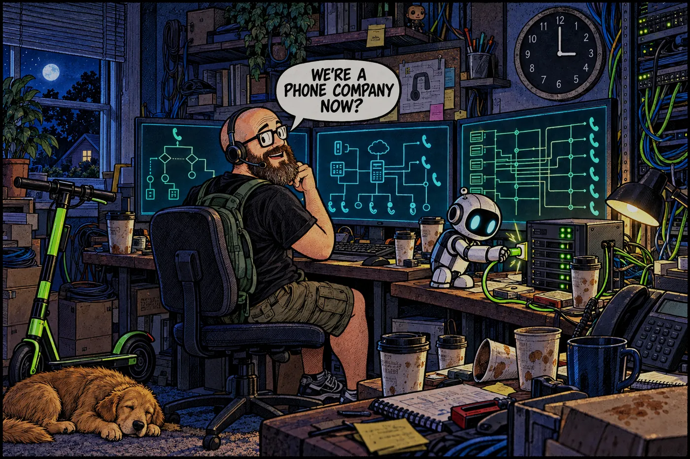 Comic: the host in a headset at 3 AM surrounded by glowing monitors and cold coffee, while a small robot plugs a glowing cable into a tiny server. He asks WE'RE A PHONE COMPANY NOW?