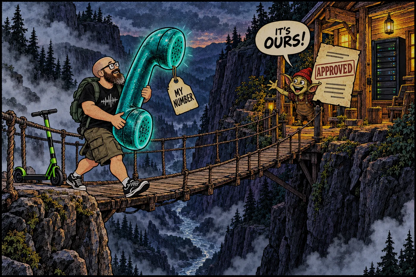 Comic: the host carries a glowing old telephone handset tagged MY NUMBER across a rope bridge from a foggy gray cliff to a warm cabin with a server on its porch, while a tiny clerk on the porch waves a stamped APPROVED form and shouts IT'S OURS!