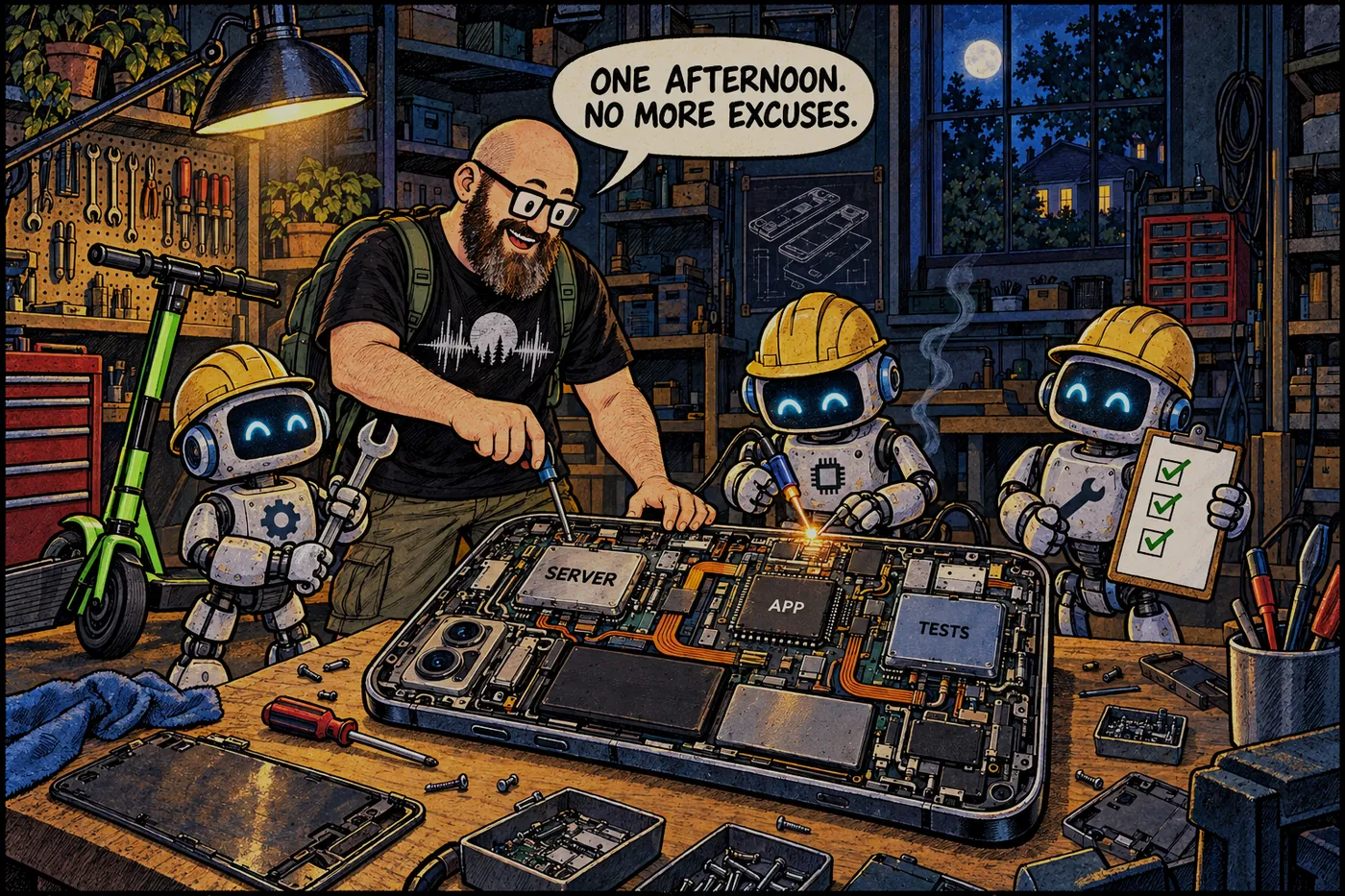 Comic: the host and three small robots in hard hats rebuild a giant smartphone on a workbench like an engine, with parts labeled SERVER, APP and TESTS. He says ONE AFTERNOON. NO MORE EXCUSES.